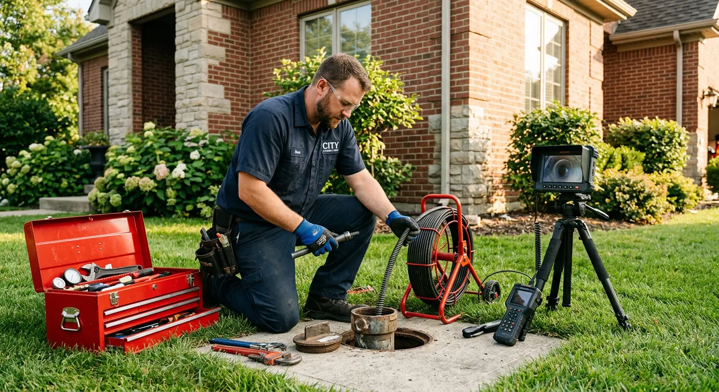 Sewer specialist with camera equipment servicing a cleanout in Bridgewater