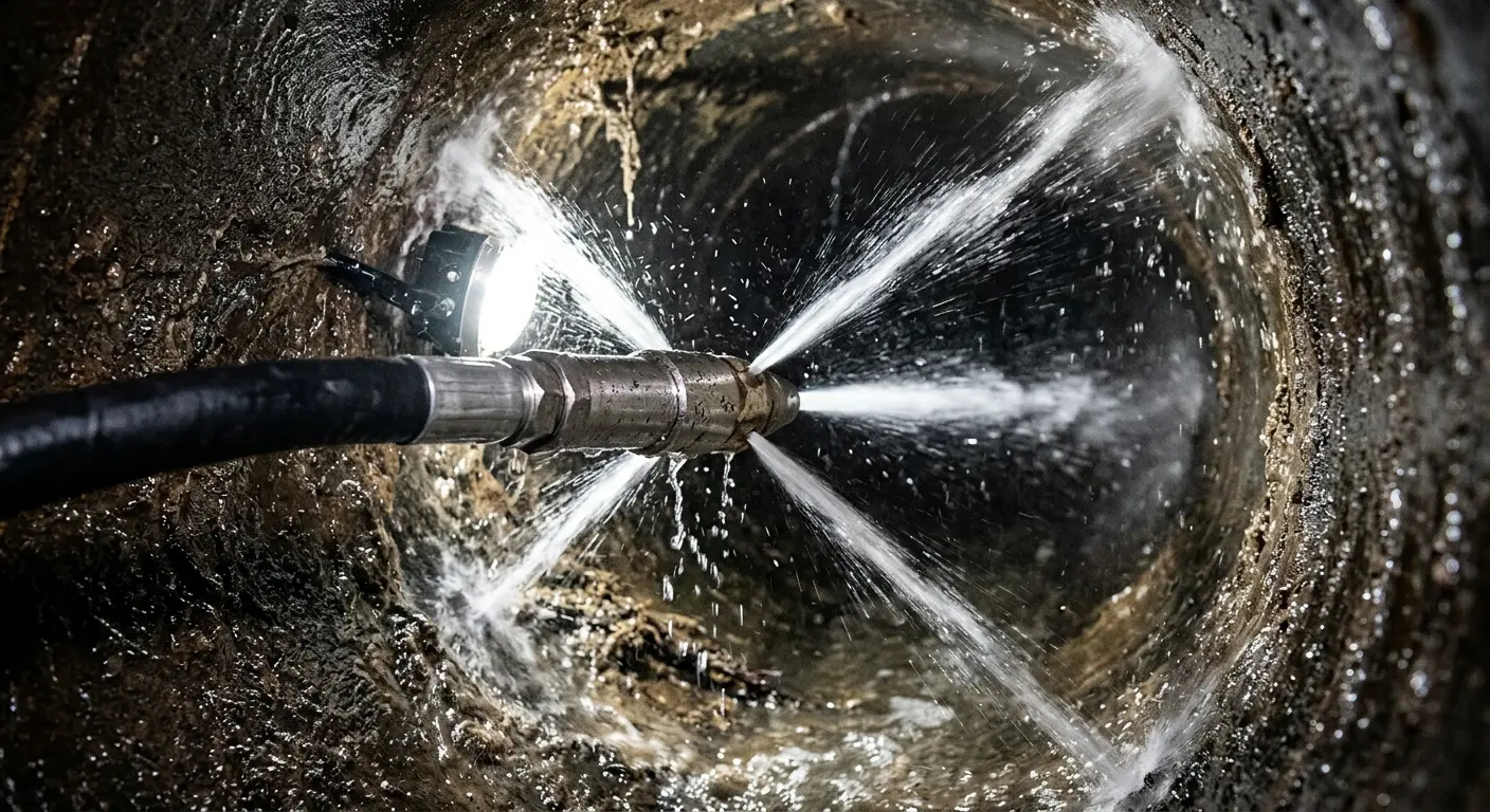 High-pressure hydro jetting nozzle cleaning sewer pipe for Emergency Drain Service in Bridgewater