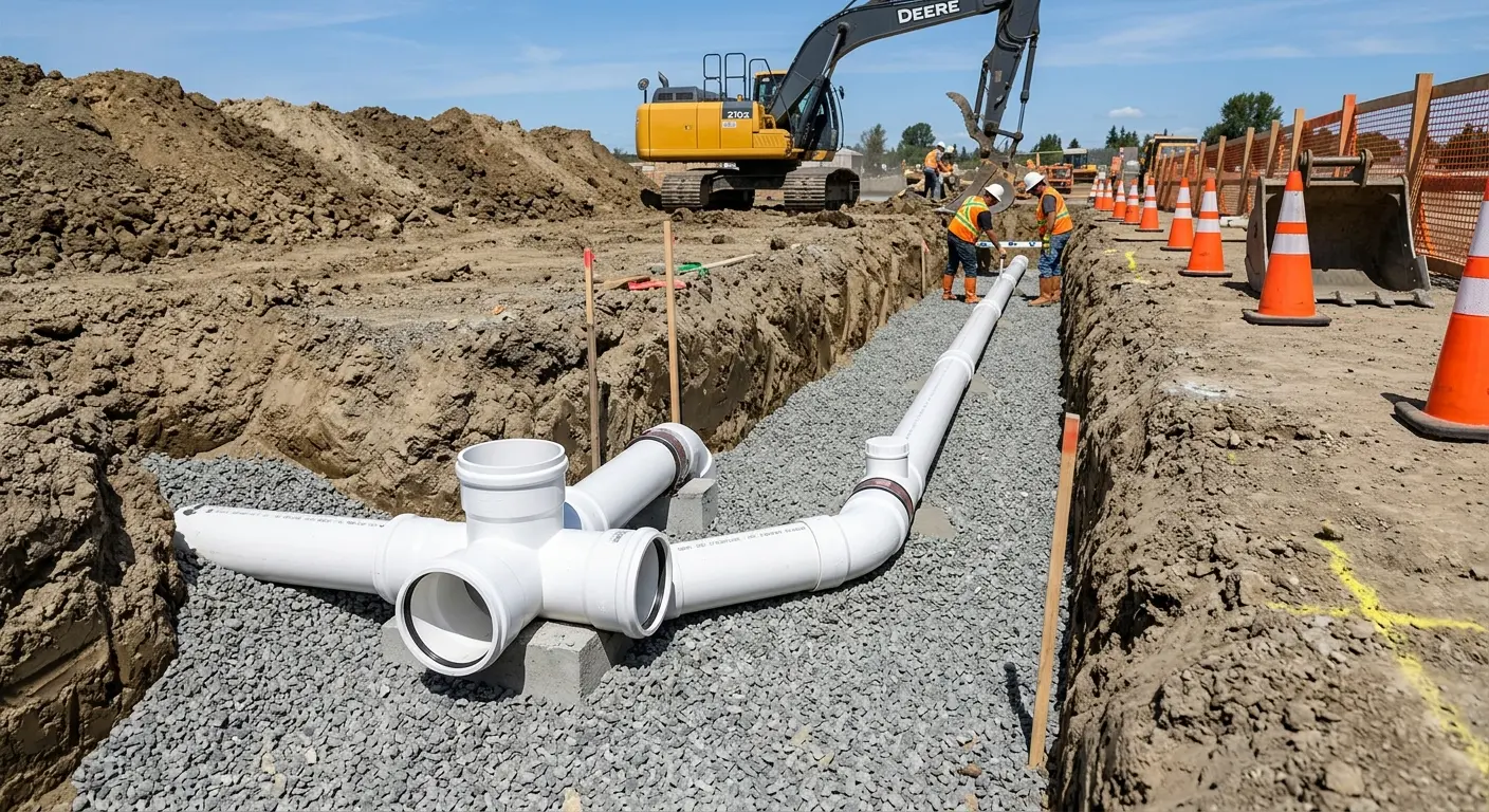 New PVC sewer pipe installation in open trench for Sewer Backup in Bridgewater