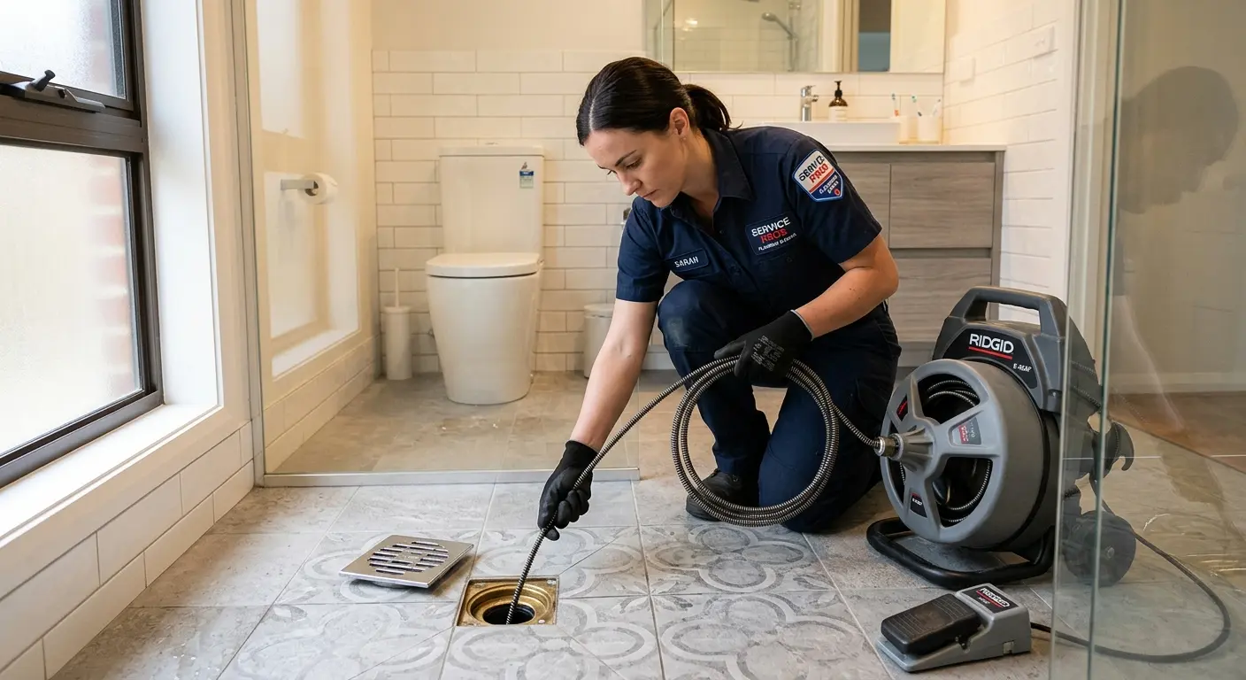 Technician clearing a bathroom floor drain for Clogged Drain Repair in Bridgewater